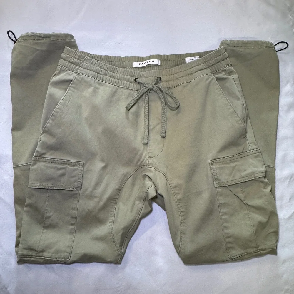 PacSun‎ Men's Olive Green Cargo Jogger Pants Elastic Waist Toggle Hem Medium